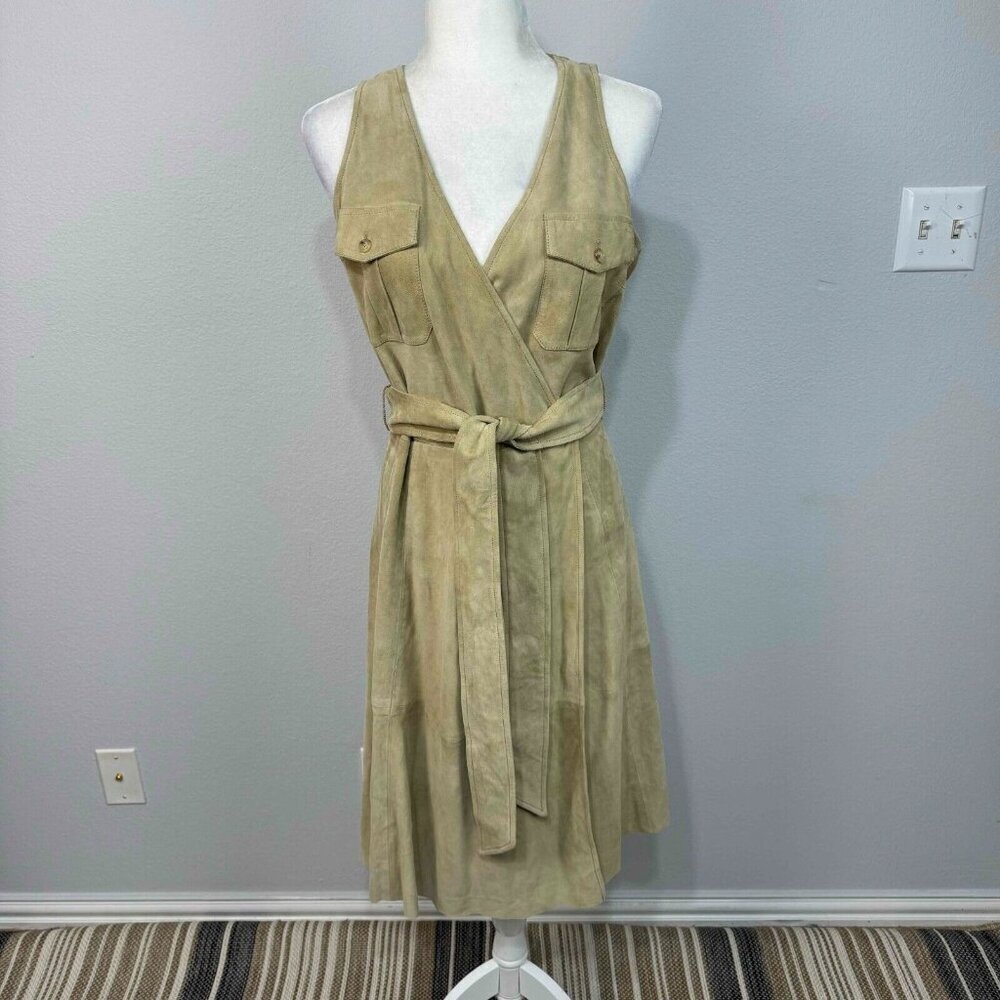 Lauren Ralph Lauren 100% Goat Suede Belted Sleeveless Dress Faux Wrap‎ Tan Sz 10